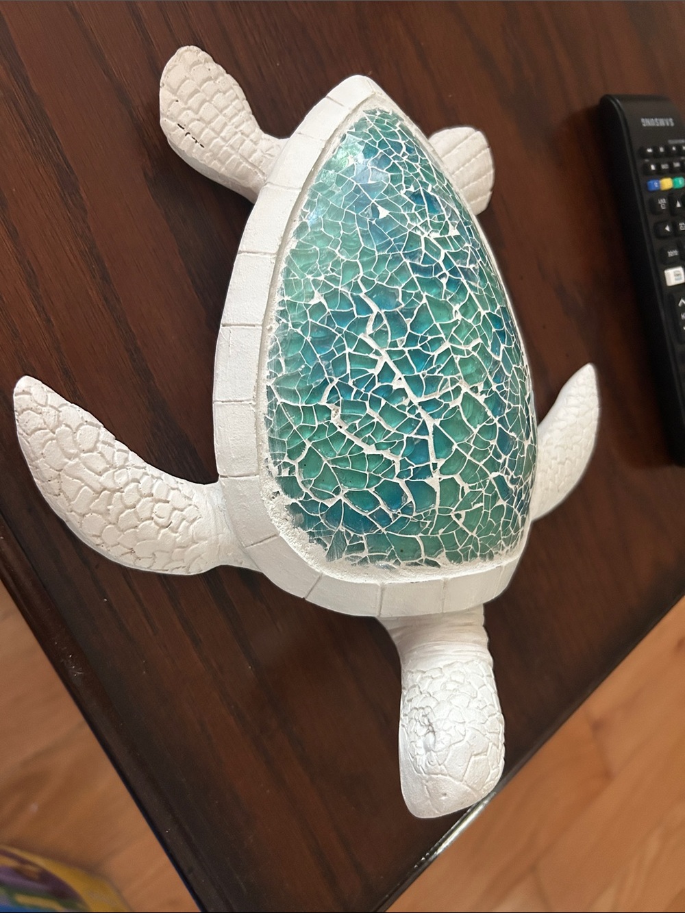 White Sea Turtle Wall Art with Blue-Green Mosaic Shell